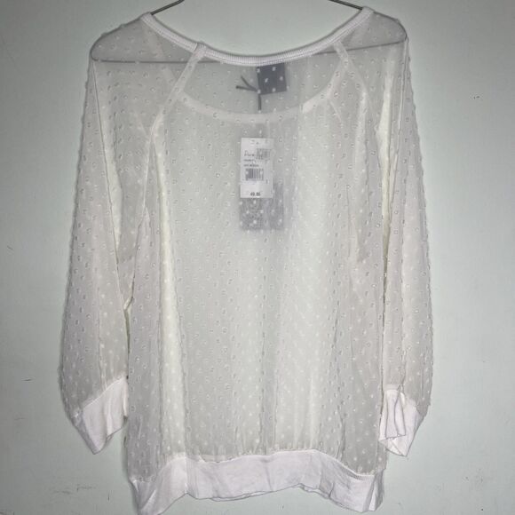 Bobeau Blouse Women Raised Polka Dot  Medium  Ivory Sheer Long Sleeve Crew Neck - Picture 8 of 11